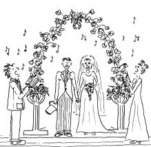 Drawing by Erica Newman of a wedding couple under a floral arch being sung to by male and female opera singers.